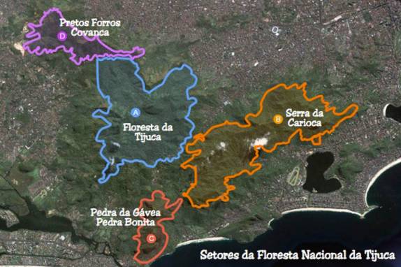 Mapa do Parque Nacional da Tijuca, maior parque urbano do mundo, no Rio de Janeiro. Ele é dividido em 4 setores e hoje nós fomos ao Setor Pedra da Gavea